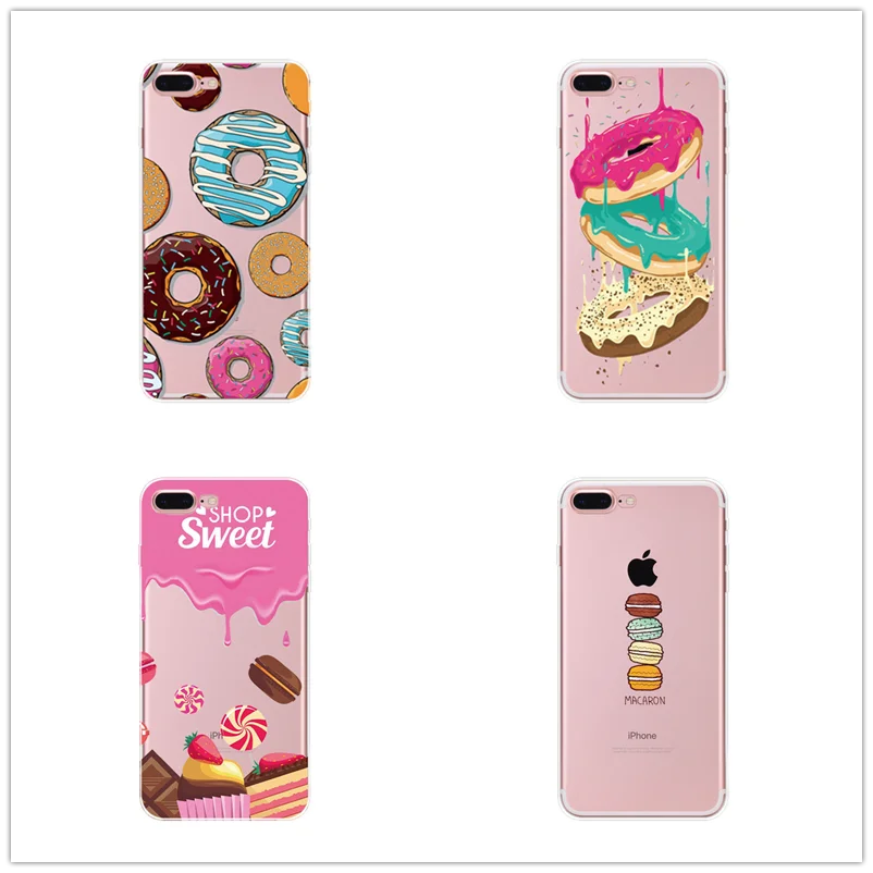 

2018 Painted Soft Phone Case For Iphone X 7 6 6s Plus 5 5s Se 8 Plus Transparent Tpu Silicone Donuts Colored Food Back Cover