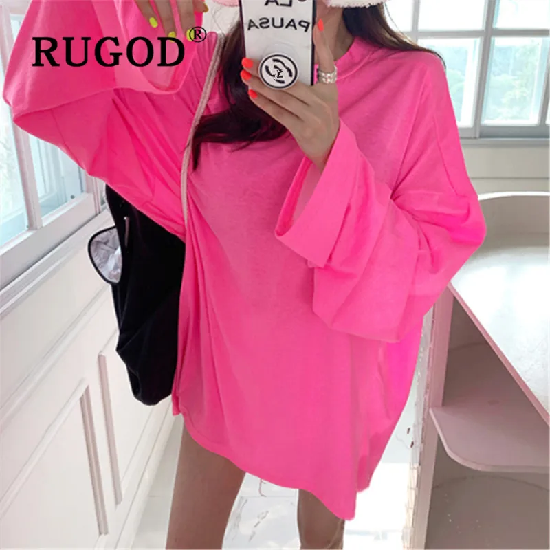 RUGOD корейские однотонные женские футболки больших размеров, Модные свободные футболки с круглым вырезом и длинным рукавом, офисные женские элегантные топы, футболки