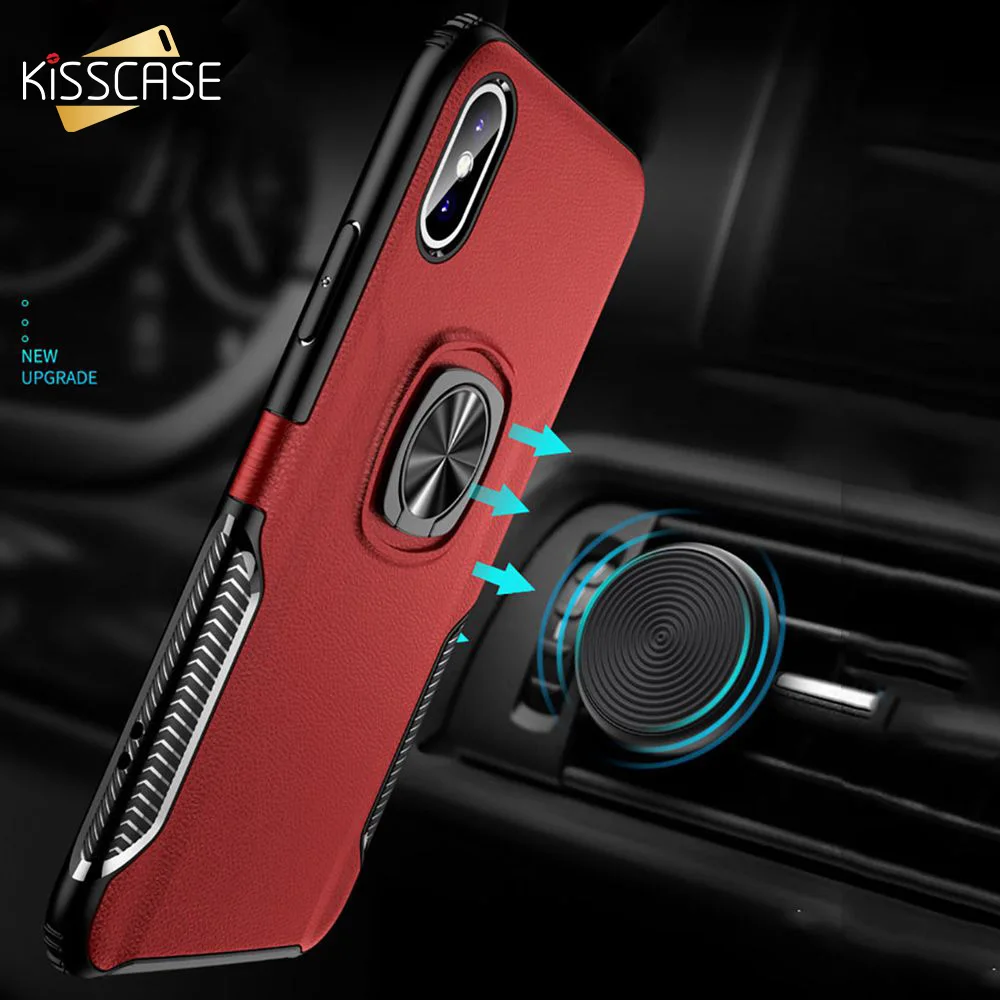 

KISSCASE Leather Texture Stand Case For iPhone 7 8 Plus X XR XS Max Ring Holder Car Magnetic TPU Armor Cover For iPhone 6 6S X