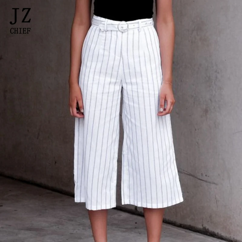 JZ CHIEF Casual stripe wide leg pants korean women 2018