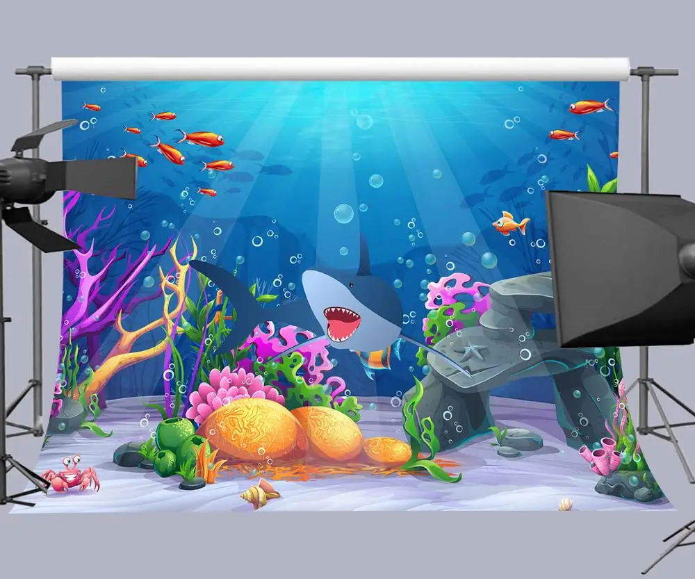 

MTMETY Seabed Shark Photography Backdrop Props Cartoon Undersea World Photo Background for Child Baby shower party decoration