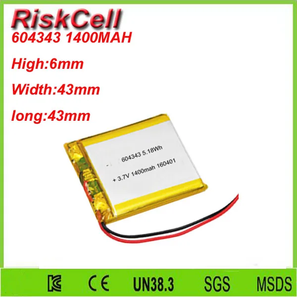 

Free shipping 3.7V 1400mah 604343 Lithium Polymer Li-Po Rechargeable Battery For Mp3 MP4 MP5 GPS PSP mobile Pocket PC e-books