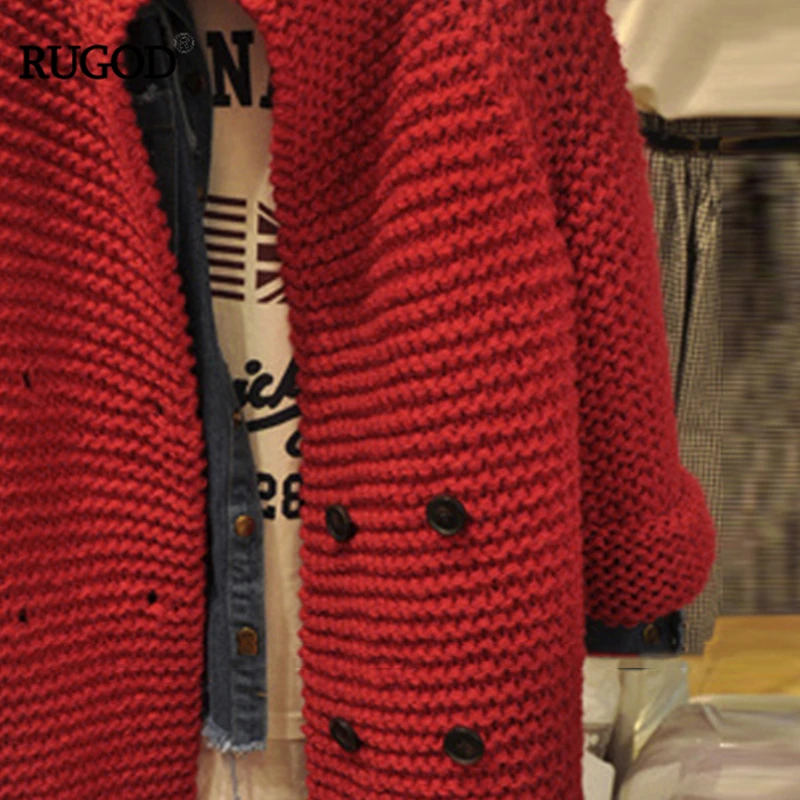 RUGOD женский однотонный красный ассиметричный Свободный кардиган свитер осень зима двубортный Элегантный Повседневный Женский вязаный свитер