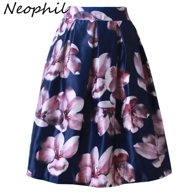 

Neophil 2020 Retro Fashion Women Black White Pleated Flower Floral Print High Waist Midi Ball Gown Flare Short Skirts Saia S1225