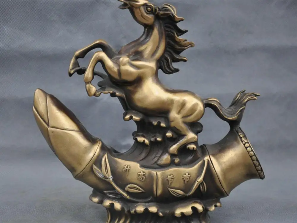 

11" China Bronze Successful Running Horse Stand On Bamboo Statue Sculpture