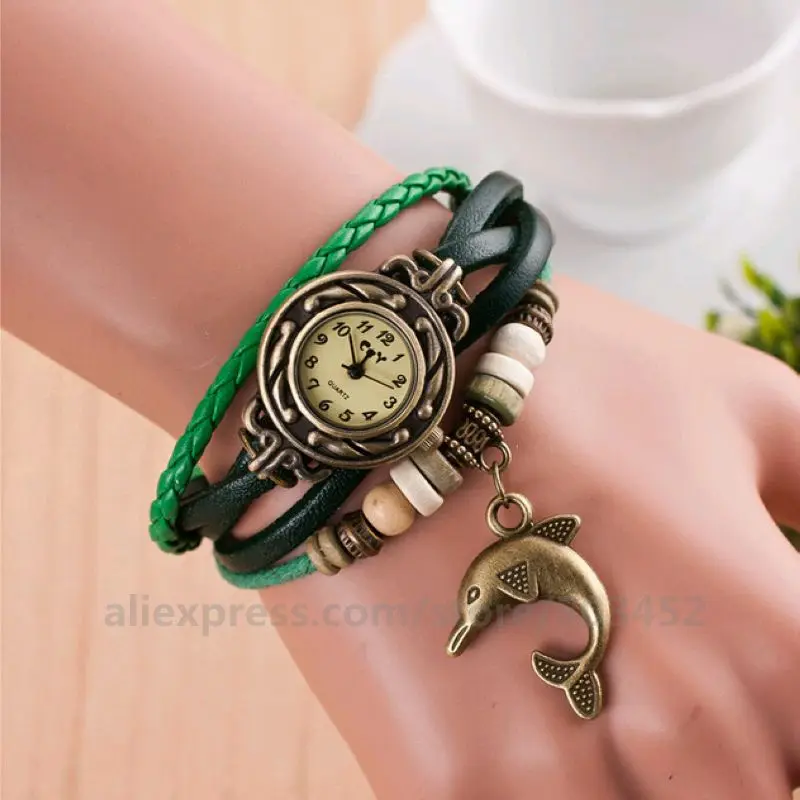 100 шт/партия подвеска с изображением дельфина часы винтажный браслет обертывание часы классический дизайн бронзовый цвет кожаные часы браслет подарок - Цвет: green