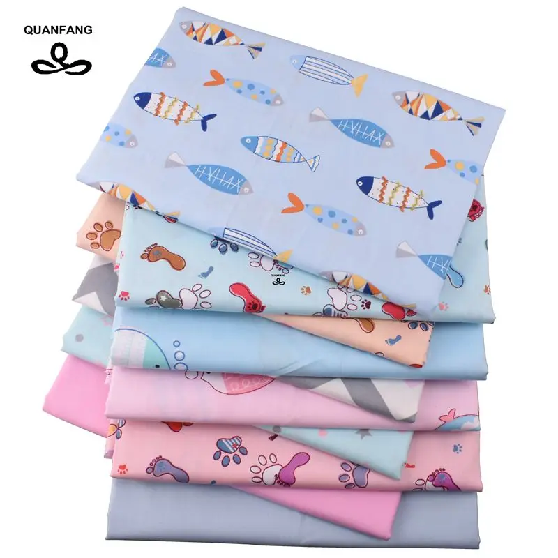 

QUANFANG 10pcs/lot Fish footprints ,Twill Cotton Fabric For Patchwork Cloth DIY Baby Child Sewing Quilting Fat Quarters Material