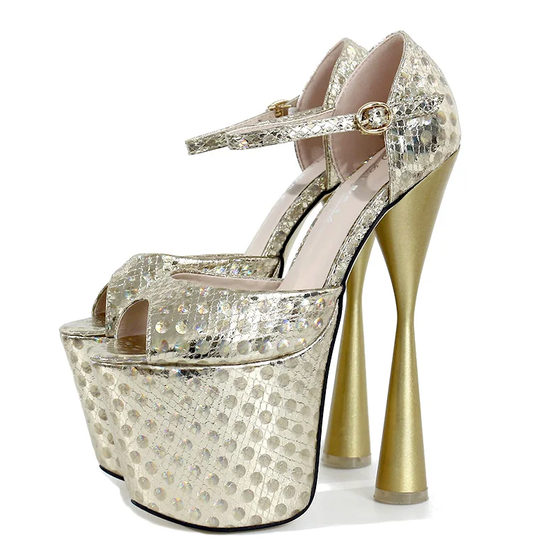 LLXF zapatos/Большие размеры: 34-42, 43, летние золотистые босоножки с Т-образным ремешком пикантная обувь на тонком высоком каблуке 20 см для ночного клуба женские туфли-лодочки на шпильке