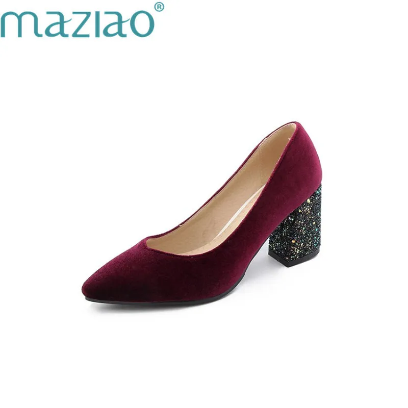 

MAZIAO High Heels Shoes Women Pumps Fashion Velvet Spring Single Woman Dress Shoes Spring Thick Heels Pointed Toe Female Pumps