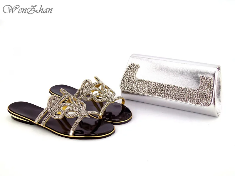

African women matching italian shoe and bag set decorated with appliques high quality Sliver matching shoes clutch bag 0710-30