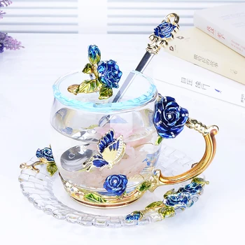 

Blue Rose Blossom and Rhinestones Decorated Enamel Coffee Cup Mug Flower Tea Glass Milk Cups Alloy Handgrip Cups and Mugs Gift