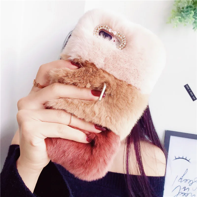 

Real Rabbit Fur Ring Stand Case For iphone 11 pro 11 pro max cases Winter Fluffy Fuzzy Hair Conque Diamond Phone Fundas hoesje