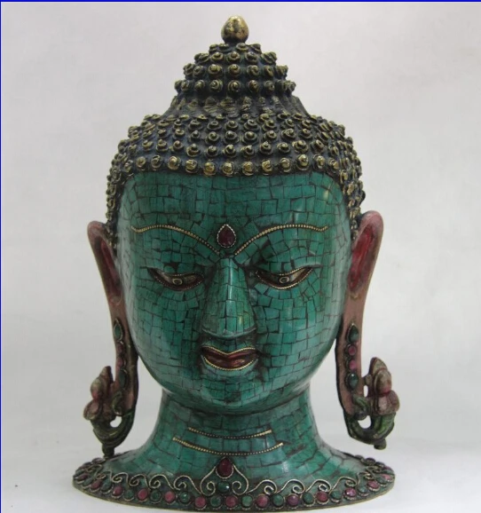 Free Shipping Buddhism Pure Copper inlay Ruby Turquoise Gem Sakyamuni Buddha Head Statuestatue