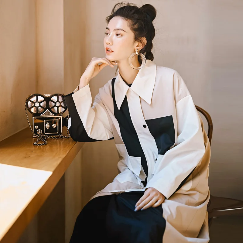 Женский Длинный плащ Тренч в стиле пэчворк белая Повседневная Свободная