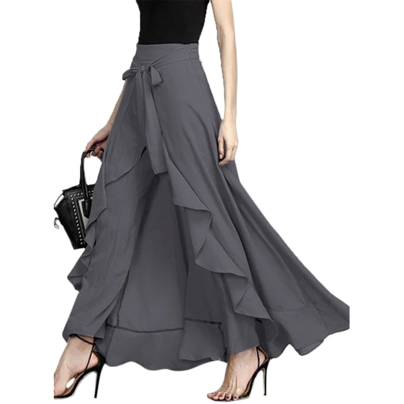 2019 Women Chiffon Tie-Waist Ruffle Pants Solid Color Long Trousers Ruffled Hem For Ladies 847349 | Женская одежда