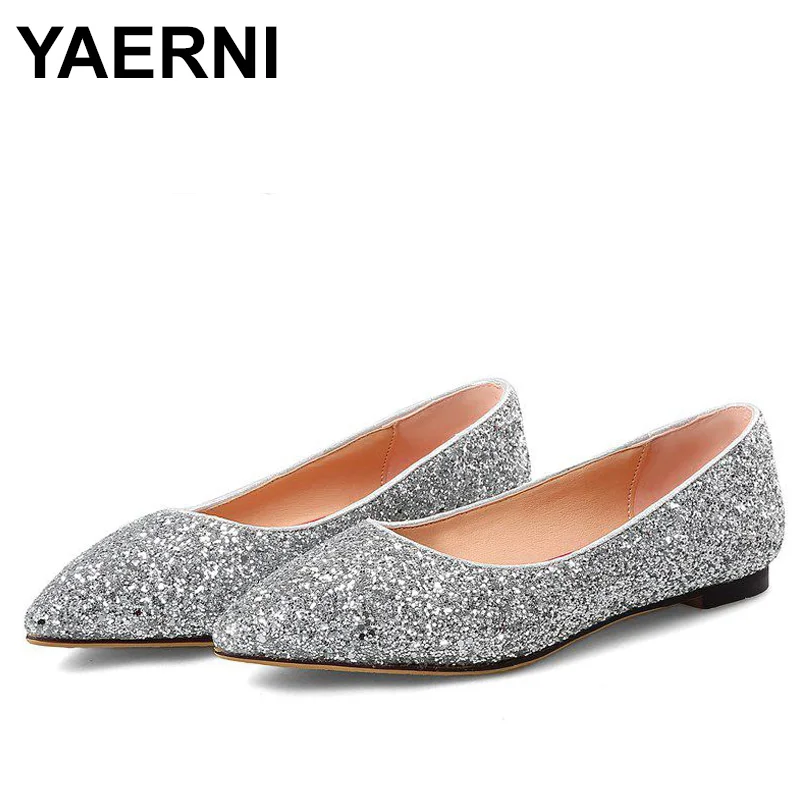 

YAERNI 2019Sequine Glitter BalletFlats Women shoes party wedding shoes pointed toe footwear ladies bridal moccasins sapatosE1128