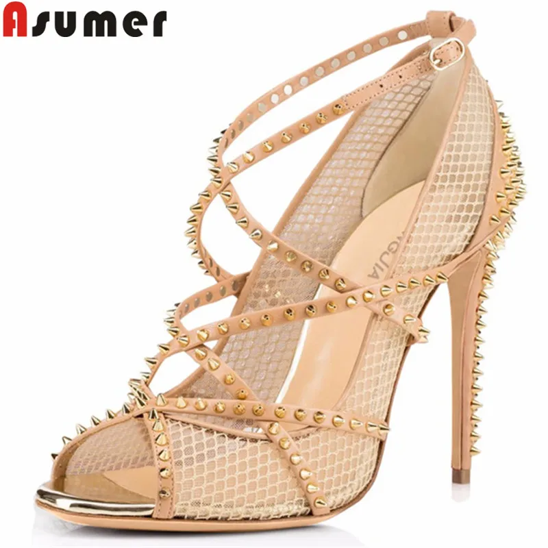 ASUMER 2019 new summer shoes women peep tow buckle super high heels shoes rivet sexy prom wedding shoes women pumps large size