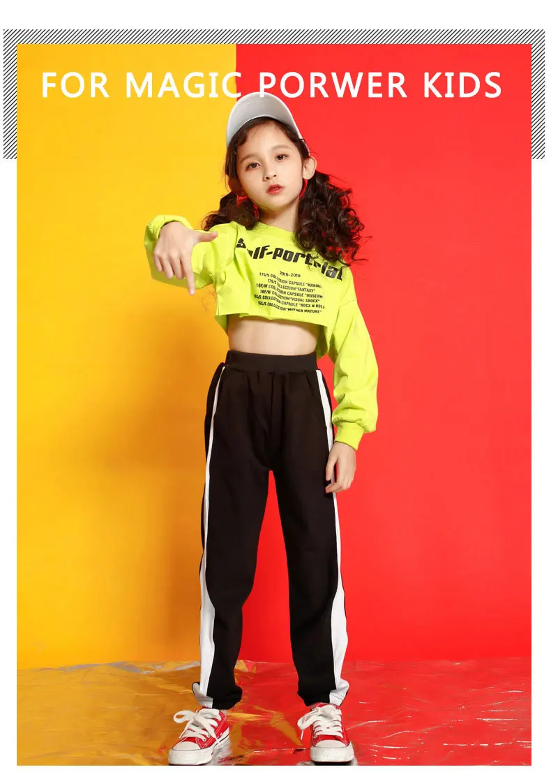Детские танцевальные костюмы для девочек Джаз укороченный Топ с длинным рукавом топы, штаны подростка в стиле «хип одежда для хип-хопа детский сценический уличный концерт одежда