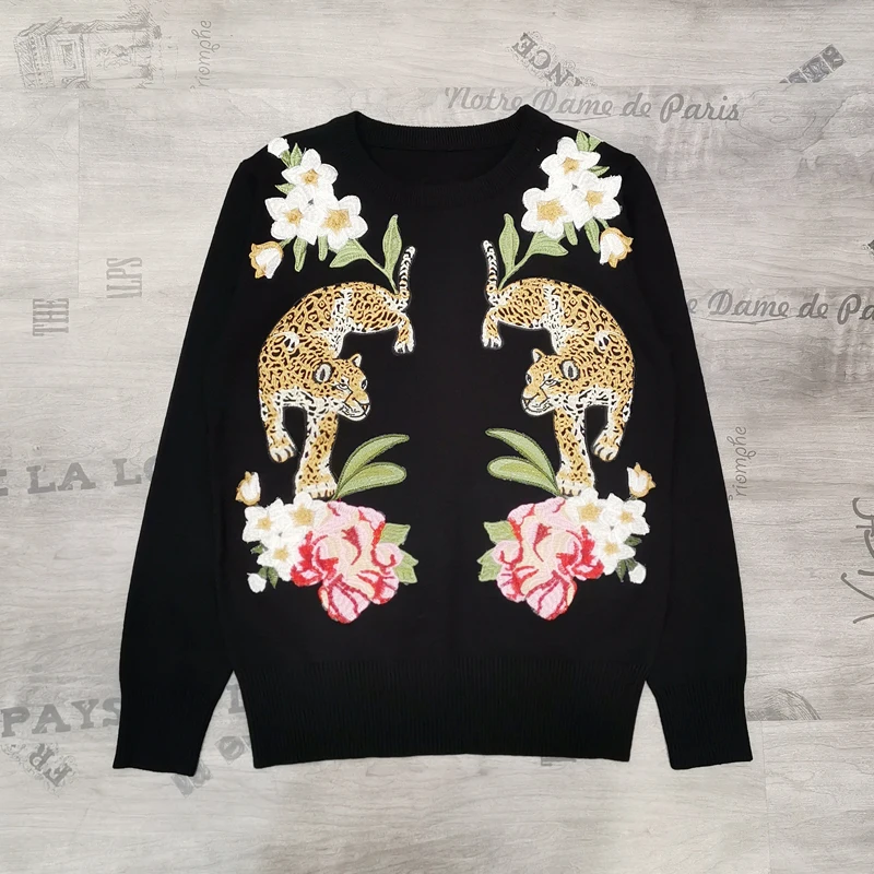 

Luxury Designer Brand Knitted Sweater for Women Appliques Embroidered Flower Double Leopard Loose Knitted Pullover Sweater
