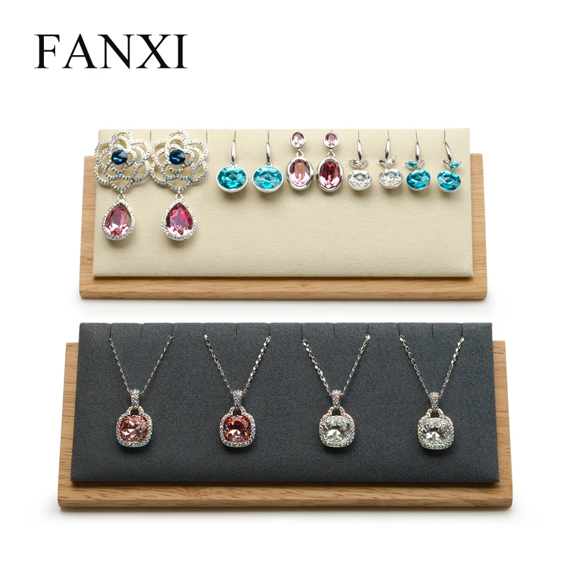 FANXI Solid wood Beige&Dark gray necklace pendant display stand with microfiber Insert for Exhibition Jewelry Earring Holder Jewelry Packaging