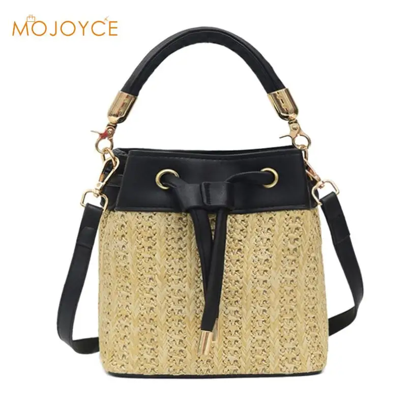 

Round Straw Beach Bag Vintage Handmade Woven Shoulder Bag Straw Messenger Handbags Women PU Leather Drawstring Crossbody Bag
