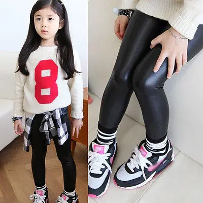 

2016 Hot Baby Girls Kids Stretchy Faux PU Leather Skinny Black Pants Leggings Trousers