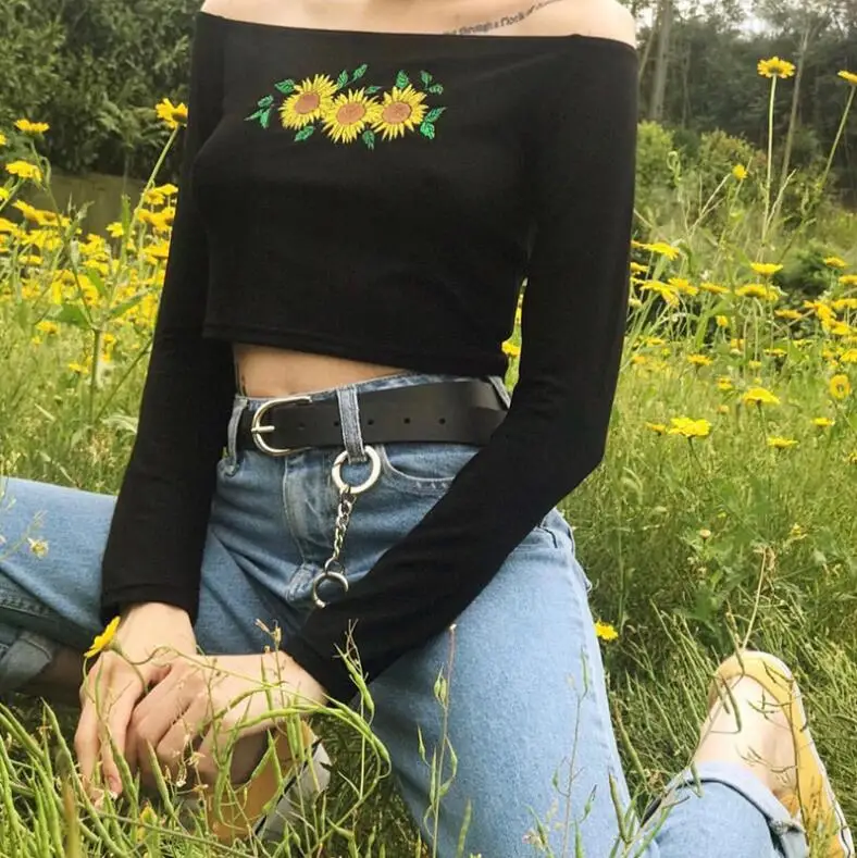 

Izmestyeva slash neck casual flower long-sleeved short section T-shirt female