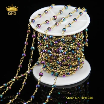 

5 Meters/Lot,4mm,Rainbow Titanium Iron Pyrite Faceted Round Beaded Chains,Wire Wrapped Plated Brass Links Chains Necklace,ZJ-57