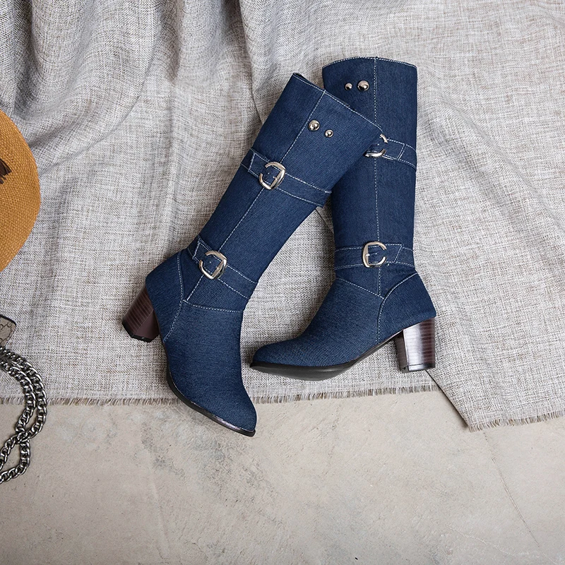 

NASBAVI Spring Autumn Fashion Rivet Belt Buckle Women Mid-Calf Boots Ladies Denim High Heels Basic Boots Shoes Plus Size