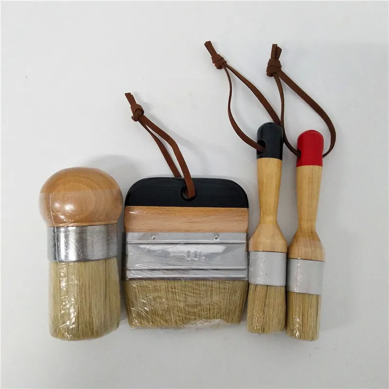 

DIY 4PC Wooden Handle Chalk Paint Pointed Brush Bristle Chalk Oil Paint Painting Wax Brush Artist Art Supplies Hand tool set