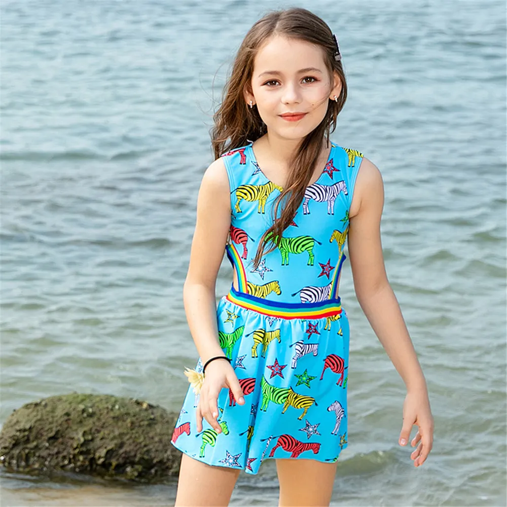 Skirted One Piece Swimsuit For Girls Children Animal Print Swimwear Child Colorful Swim Suits 6-16 Ages Bathing Suit Kids Blue | Спорт и