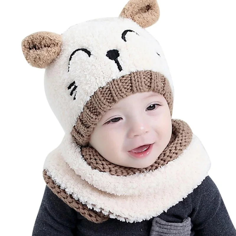 

2PCS/SET Kids Winter Hats Scarf Set Cartton Sheep Knit Caps For Boys Girls Lovely Ear Plush Girl Helmet Hats Scarf Bonnet