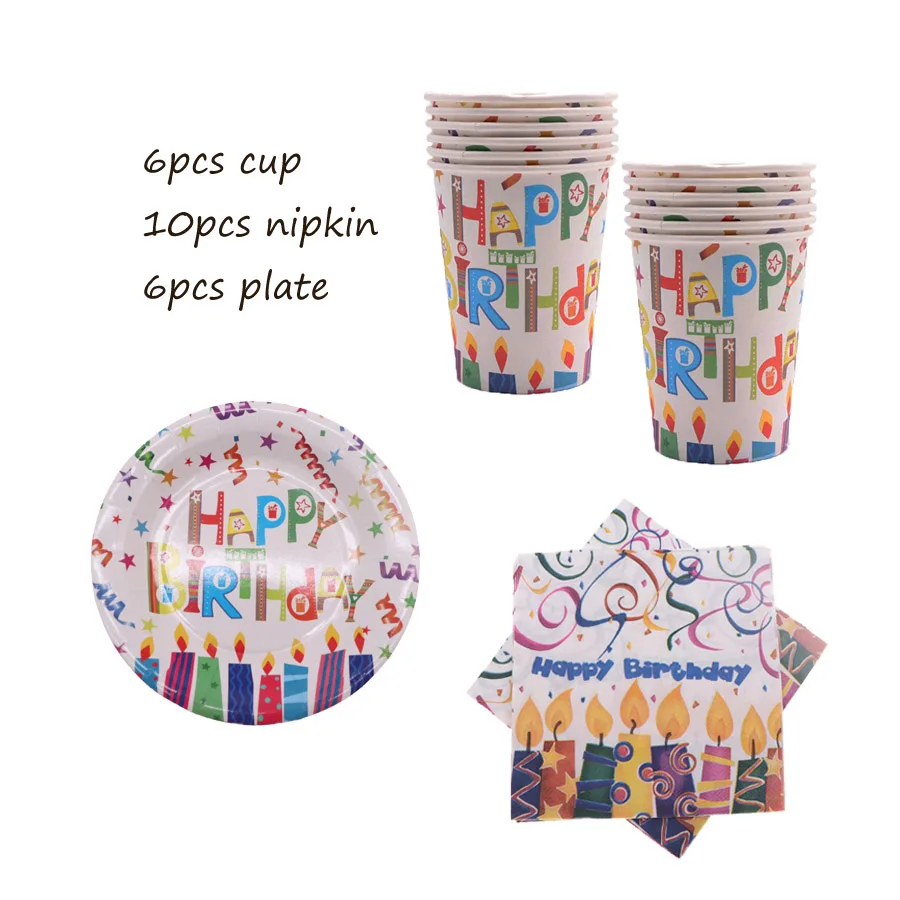 

22pcs/set paper Disposable Tableware Set happy birthday Party Plates Cup nipkin Wedding Decor Carnival ornaments Party Supplies