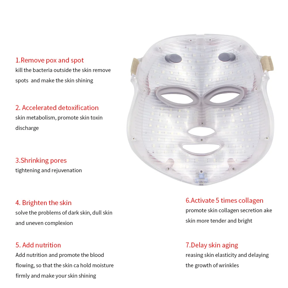 Светодиодная маска для лица, уход за кожей, омоложение, удаление морщин, акне, 7 видов цветов, фотонная терапия, световая фоторегувенция, красота, маска для лица