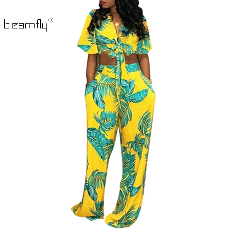 

2018 Flower Striped Sexy Two Piece Set Women Deep V-Neck Crop Top And Summer Wide Leg Long Pant Women 2 Pieces Suits Sets