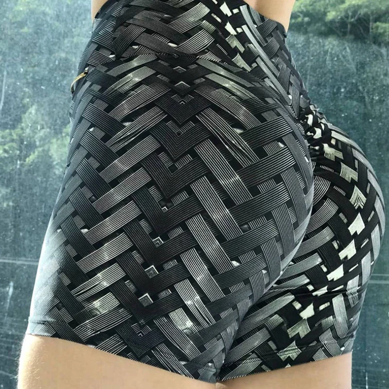 

Black Weaving Printed Slim Fitness Wear Shorts Elastic High Waist Shorts Women Butt Scrunch Shorts Sporting Runs Female Short