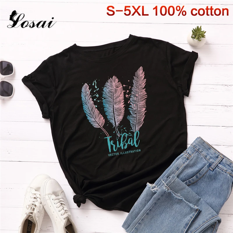 Женская хлопковая Футболка с перьями 3XL 4XL 5XL большого размера|Футболки| |