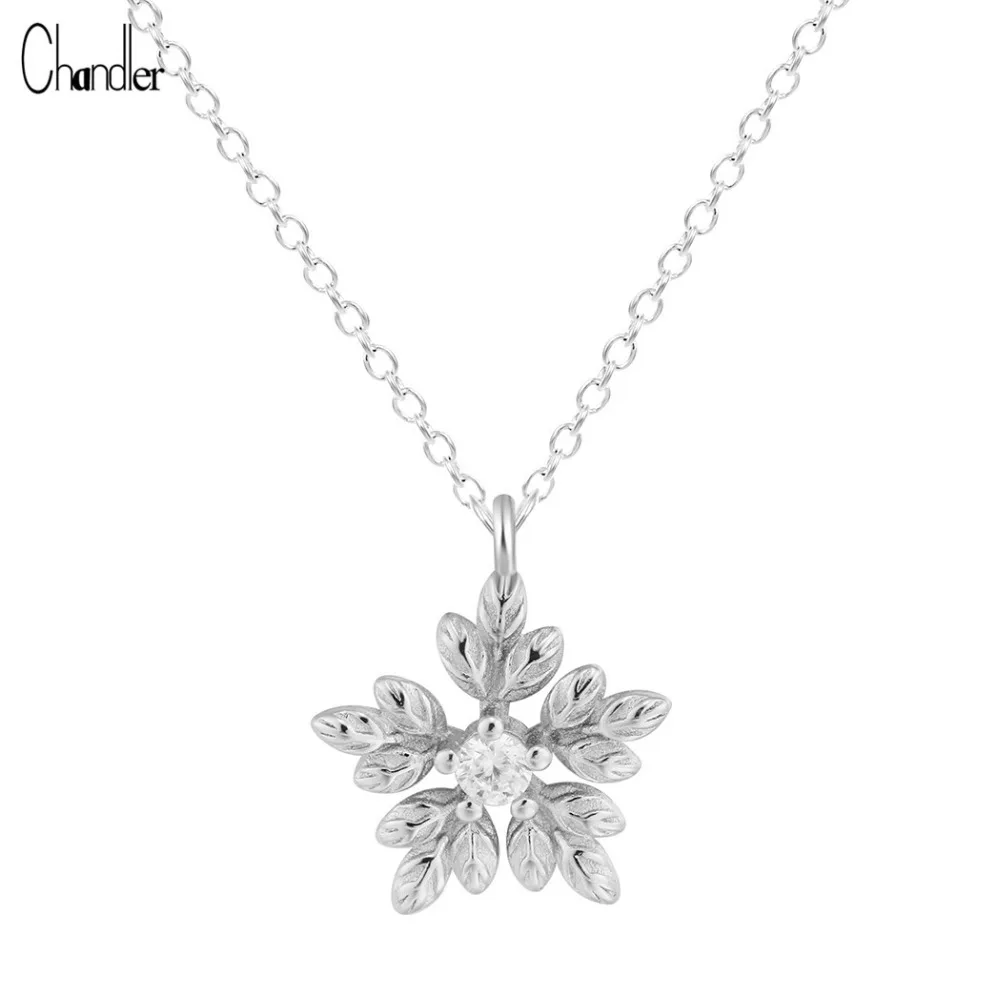 

925 Sterling Silver Leaves Flake Cz Crystal Necklaces & Pendants For Women Flower Charm Chunky Chain Colier Statement Jewelry
