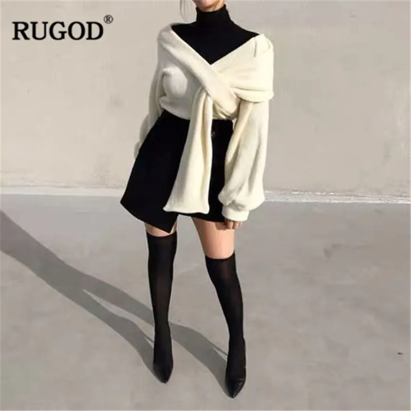RUGOD أنيقة قبالة الكتف السترة سترة النساء مثير الصلبة غير النظامية محبوك صداري البلوزات الإناث فانوس كم البلوفرات