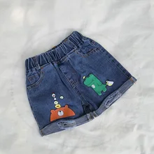 Новые летние джинсовые шорты в Корейском стиле джинсовые шорты для мальчиков и девочек короткие штаны с рисунком динозавра детские повседневные брюки анимационные джинсы