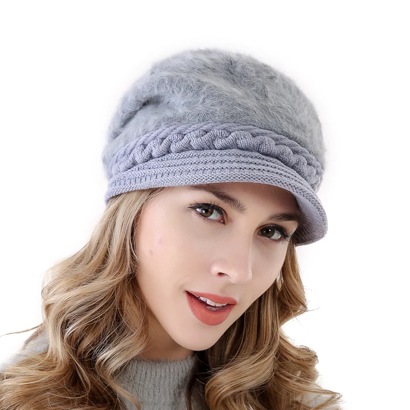 Новая женская теплая шапка с кроличьим мехом, зимние шапки для женщин, женская шапка с меховой подкладкой, шерстяная Модная вязаная шапка