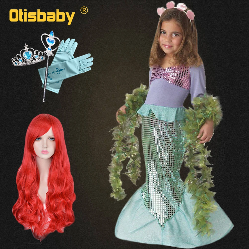 Платье Ариэль для девочек платье Русалочки детское вечернее платье в виде раструба, Детский карнавальный костюм Хэллоуина, парик Ариэль