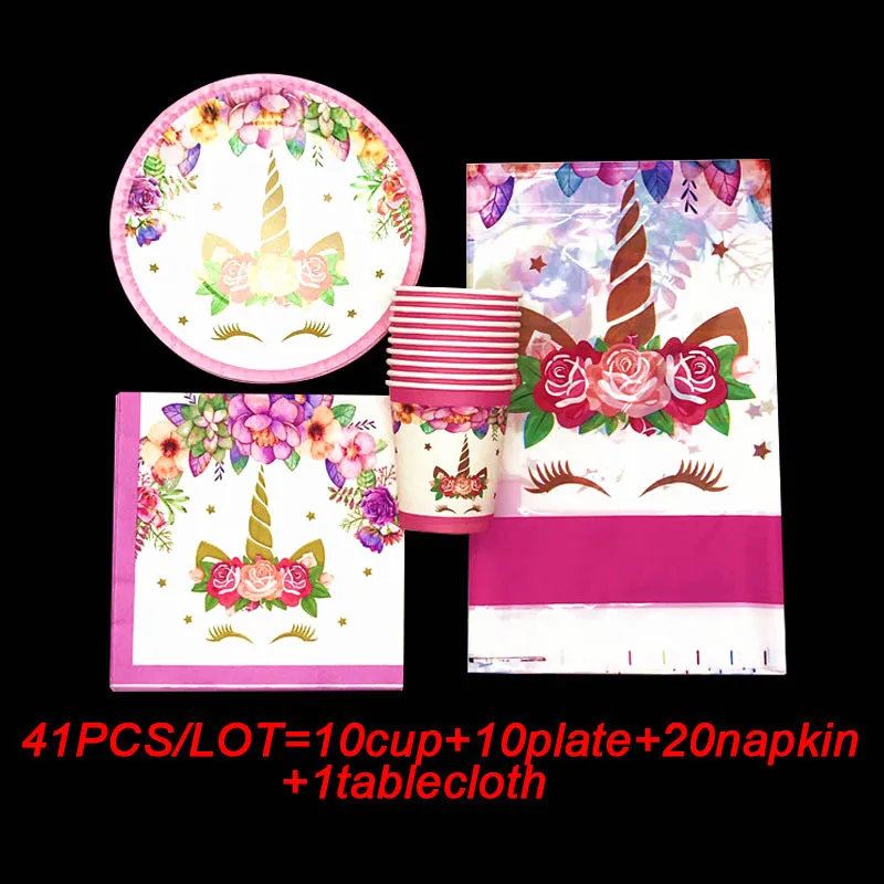 

1st birthday Unicorn birthday party supplies disposable tableware set 41PCS cartoon Unicorn party cup plates tablecloth for kids