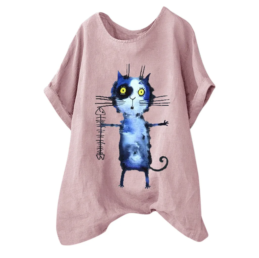 

Women Plus Size Short Sleeves Cotton Linen O-Neck Print Pink Cartoon Cat Pullover Top T Shirt Ladies Clothing Summer Shirts Tops