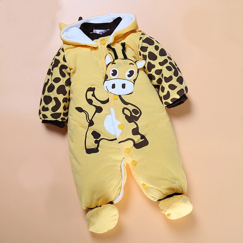 Зимние для маленьких мальчиков девочек комбинезон Толстая хлопковая одежда для малышей с рисунком жирафа узор детские халаты теплые милые с капюшоном детская одежда