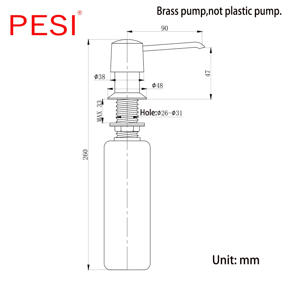 Kitchen Sink Countertop Soap Dispenser Deck Mount Brass and ABS Built in Hand Soap Dispenser Pump Large Capacity 13 OZ Bottle.