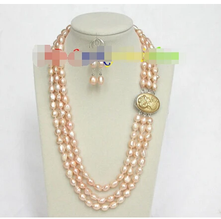 

3row 12mm baroque pink pearls necklace dangle Earring seashell clasp j8492^^^@^Noble style Natural Fine jewe FREE SHIPPING