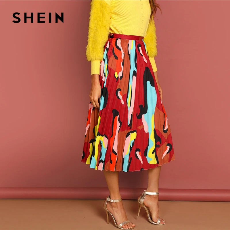 SHEIN, многоцветная плиссированная длинная юбка с графическим принтом и высокой талией, Женская Осенняя коллекция, повседневные цельнокройные юбки