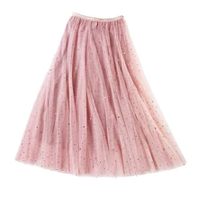 Корейская Высокая талия плиссированная юбка миди элегантная Фея Женская юбка из тюля блестящая пятиконечная трехслойная сетчатая юбка женская