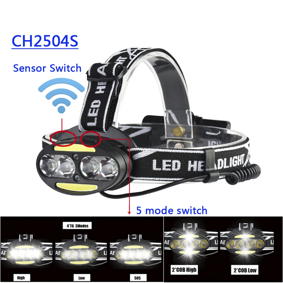 40000 люменов, сенсорный переключатель, супер яркий светодиодный налобный фонарь, 4 x T6+ 2* COB, 2 x красный налобный фонарь, 7 режимов освещения с батареями, Головной фонарь